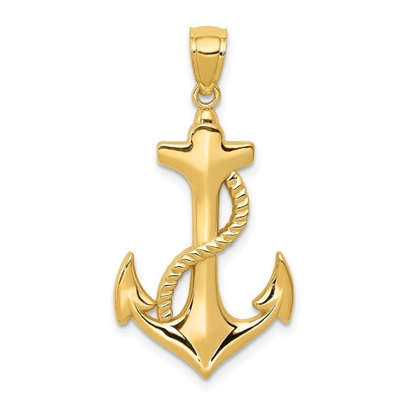14k Yellow Gold Nautical Polished Anchor with Rope Small Necklace Pendant Unisex